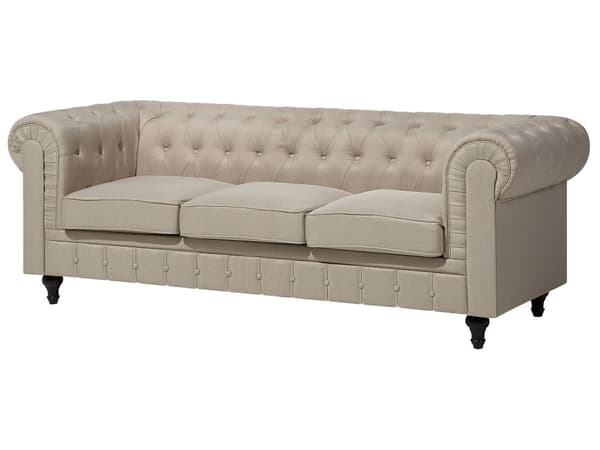 Chesterfield Stuesett Beige Stoff Mørkt Tre Ben 3-seters Sofa + Lenestol