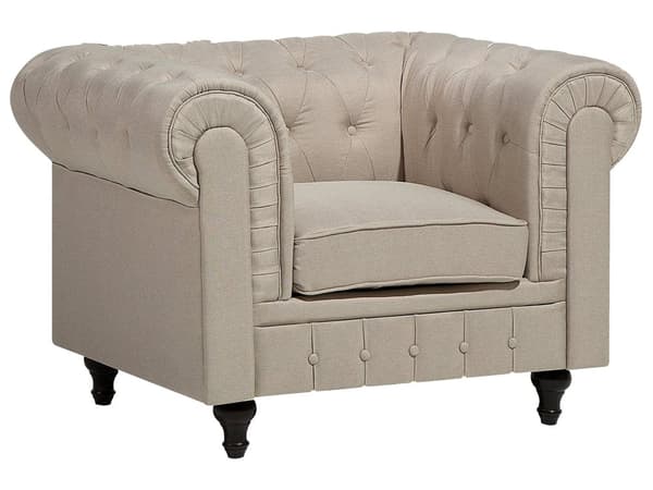 Chesterfield Stuesett Beige Stoff Mørkt Tre Ben 3-seters Sofa + Lenestol