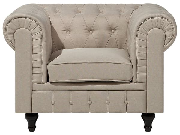 Chesterfield Stuesett Beige Stoff Mørkt Tre Ben 3-seters Sofa + Lenestol