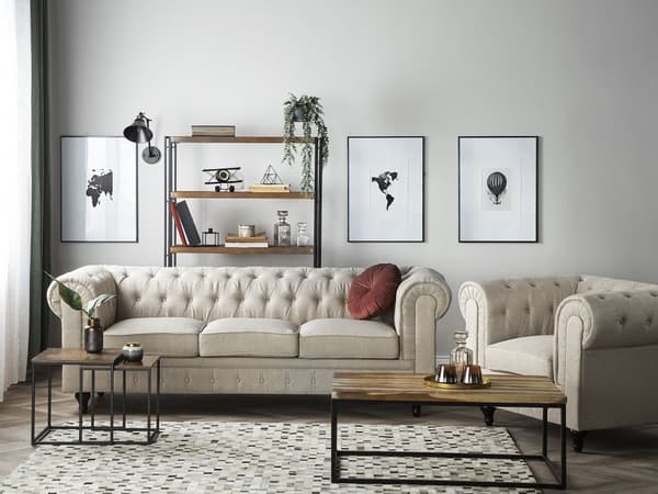 Chesterfield Stuesett Beige Stoff Mørkt Tre Ben 3-seters Sofa + Lenestol