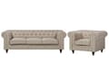 Miniatyrbilde 1 av 11: Chesterfield Stuesett Beige Stoff Mørkt Tre Ben 3-seters Sofa + Lenestol