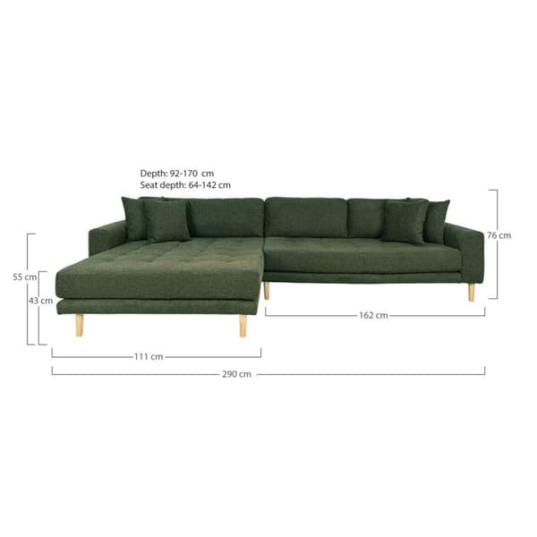 Lido soffa schäslongsoffa vänster 4 kuddar grön.