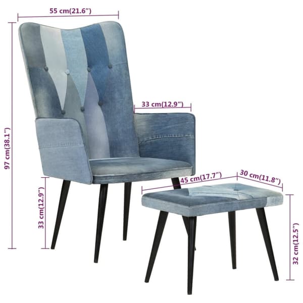 vidaXL Fåtölj med fotpall blå denim lappmönster kanvas
