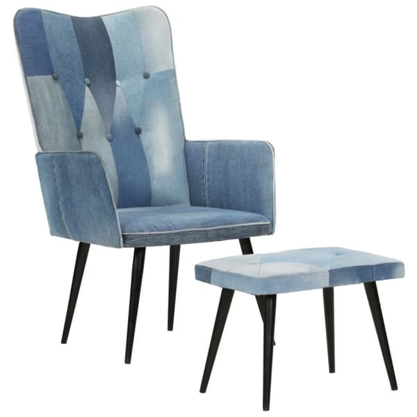 vidaXL Fåtölj med fotpall blå denim lappmönster kanvas