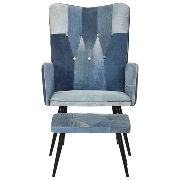 vidaXL Fåtölj med fotpall blå denim lappmönster kanvas