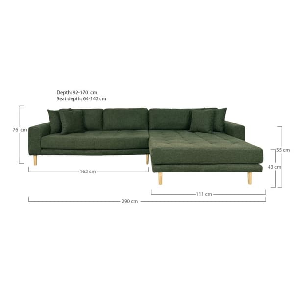 Lido soffa schäslongsoffa högervänd 4 kuddar grön.