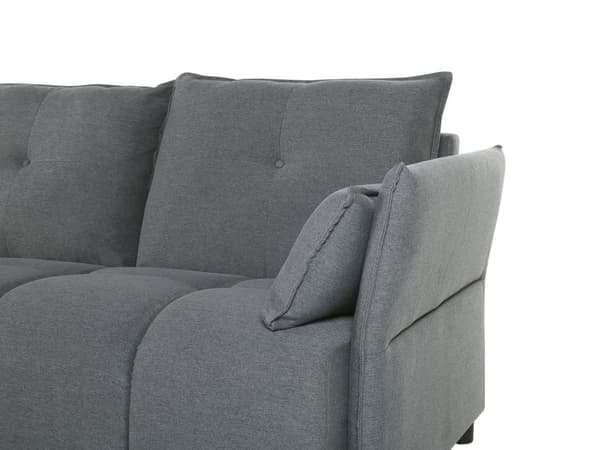 Kulmasohva tummanharmaa kangas neljälle oikea muhkeat pehmusteet moderni tyyli