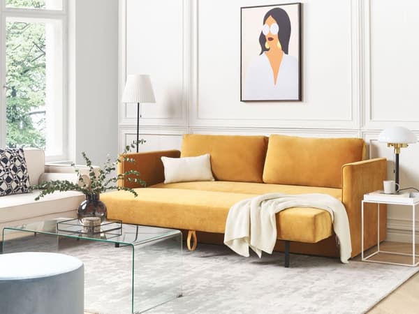 Sovesofa Gul Velour 3 Personers Moderne Blød Sofa med Opbevaring Udtræk Tre Personers Designsofa til Værelse Stofsofa med Klik Klak funktion