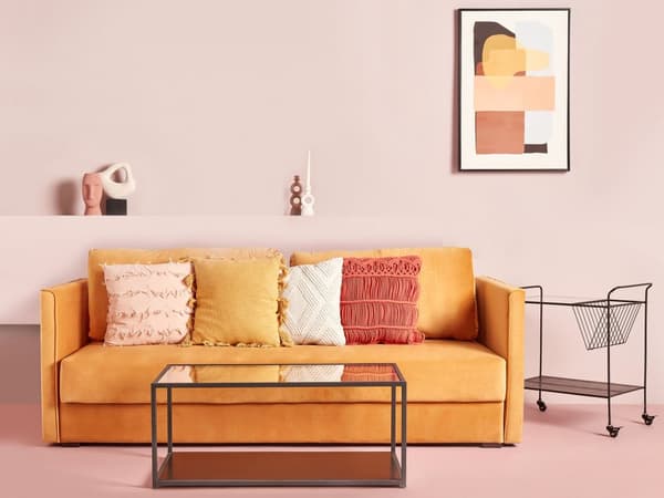 Sovesofa Gul Velour 3 Personers Moderne Blød Sofa med Opbevaring Udtræk Tre Personers Designsofa til Værelse Stofsofa med Klik Klak funktion