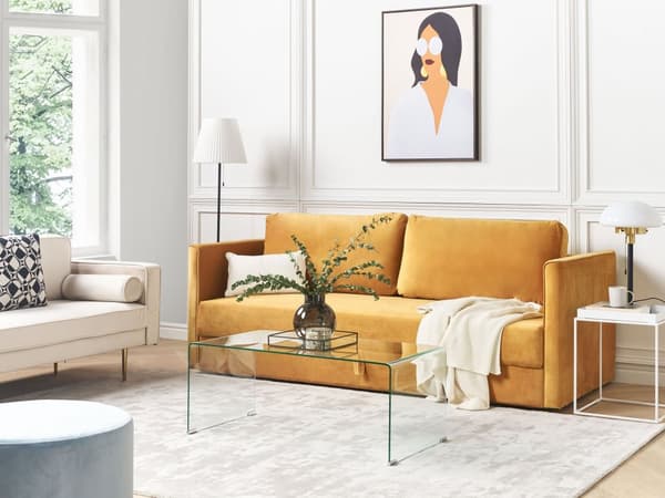 Sovesofa Gul Velour 3 Personers Moderne Blød Sofa med Opbevaring Udtræk Tre Personers Designsofa til Værelse Stofsofa med Klik Klak funktion