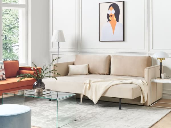 Sovesofa Beige Velour 3 Personers Moderne Blød Sofa med Opbevaring Udtræk Tre Personers Designsofa til Værelse Stofsofa med Klik Klak funktion