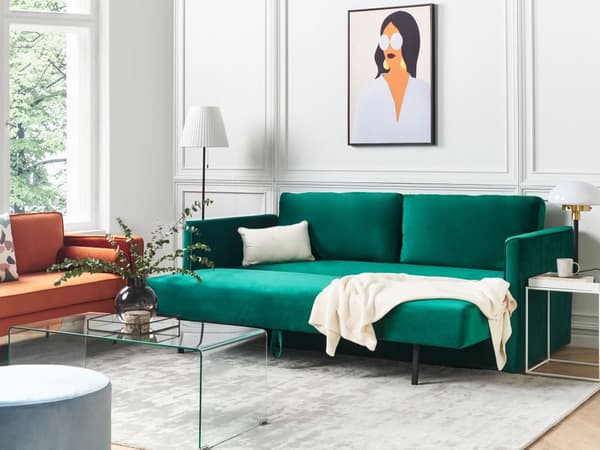 Sovesofa Grøn Velour 3 Personers Moderne Blød Sofa med Opbevaring Udtræk Tre Personers Designsofa til Værelse Stofsofa med Klik Klak funktion
