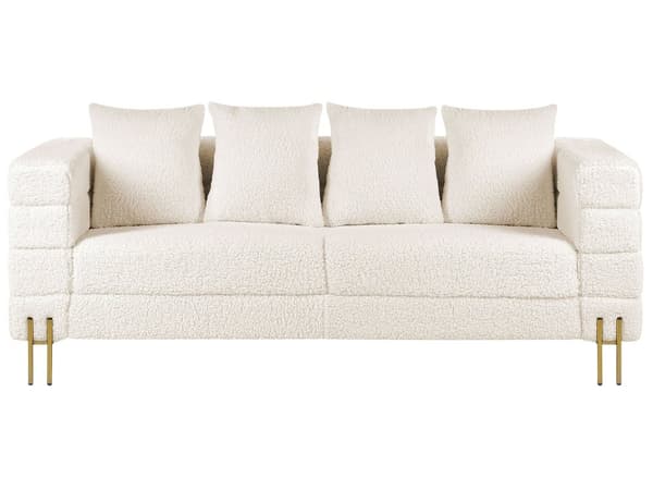 Sofa Hvid Polyester 3 Personers Moderne Blød Boucle Sofa med Guld Ben Tre Personers Designsofa til Værelse Stofsofa