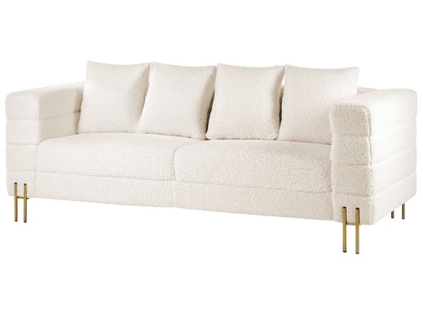 Sofa Hvid Polyester 3 Personers Moderne Blød Boucle Sofa med Guld Ben Tre Personers Designsofa til Værelse Stofsofa
