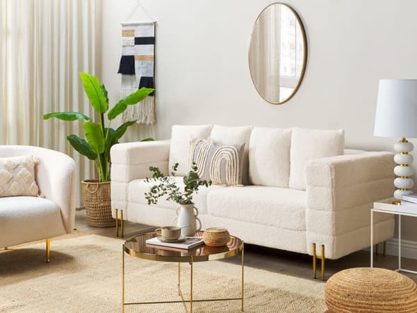 Sofa Hvid Polyester 3 Personers Moderne Blød Boucle Sofa med Guld Ben Tre Personers Designsofa til Værelse Stofsofa