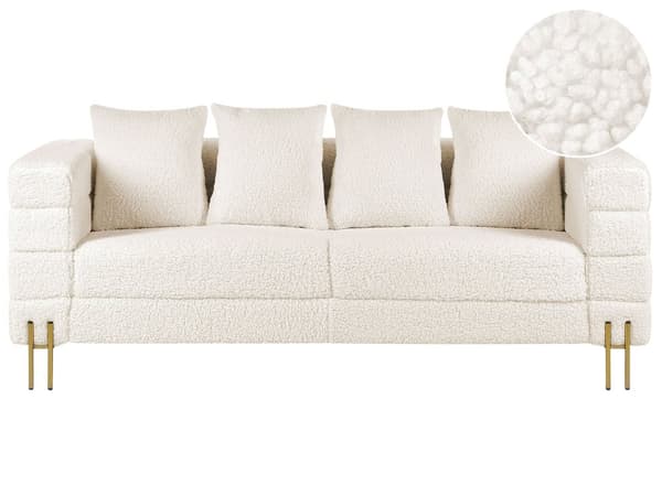Sofa Hvid Polyester 3 Personers Moderne Blød Boucle Sofa med Guld Ben Tre Personers Designsofa til Værelse Stofsofa