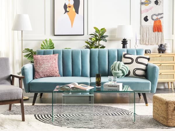 Bäddsoffa Blå Konvertibel Sammet Elegant Glam Modern Vardagsrum