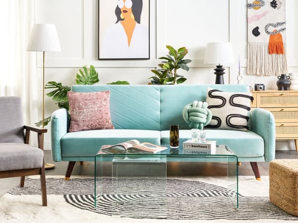 Sovesofa Lyseblå Stoff Fløyel 3-seter Treben Minimalistisk design Moderne Soverom Stue