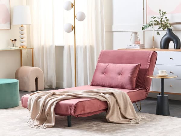 Liten Bäddsoffa Rosa Sammet 1-sits Armlös med Kuddar Metall Guldben Glamour Vardagsrum