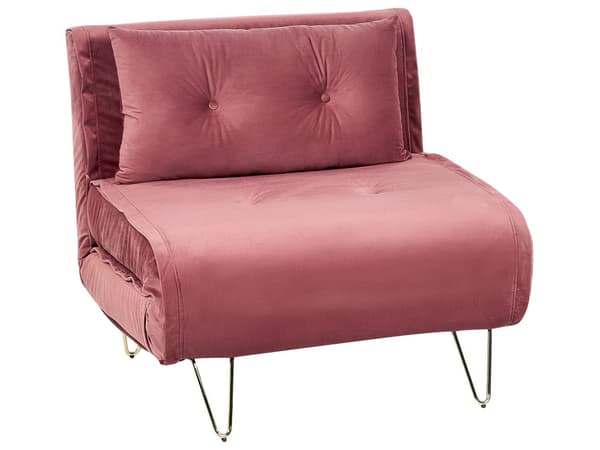 Liten Bäddsoffa Rosa Sammet 1-sits Armlös med Kuddar Metall Guldben Glamour Vardagsrum