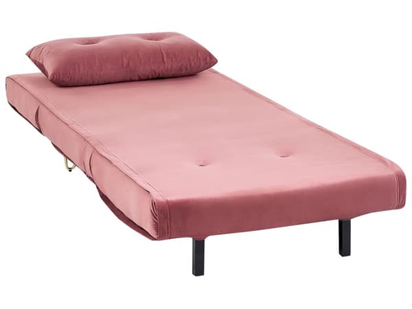 Liten Bäddsoffa Rosa Sammet 1-sits Armlös med Kuddar Metall Guldben Glamour Vardagsrum