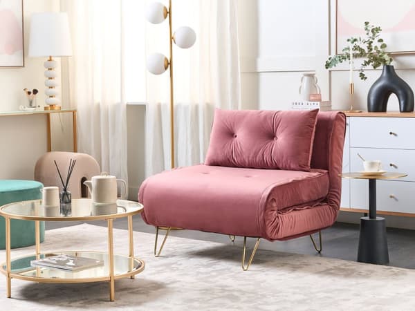 Liten Bäddsoffa Rosa Sammet 1-sits Armlös med Kuddar Metall Guldben Glamour Vardagsrum