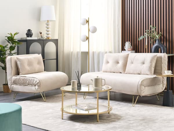 Liten Bäddsoffa Beige Sammet 1-sits Armlös med Kuddar Metall Guldben Glamour Vardagsrum