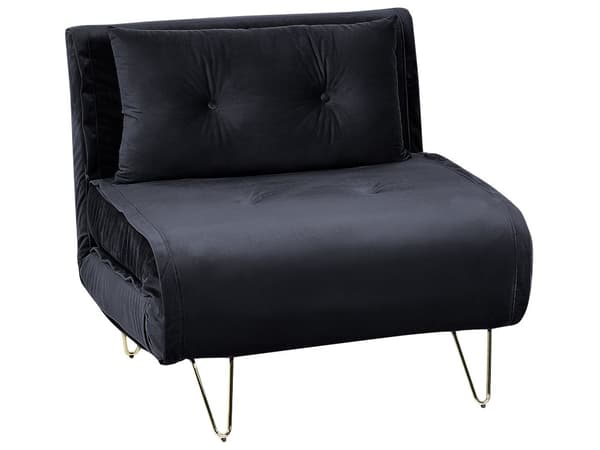 Liten Bäddsoffa Svart Sammet 1-sits Armlös med Kuddar Metall Guldben Glamour Vardagsrum