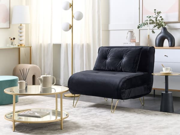 Liten Bäddsoffa Svart Sammet 1-sits Armlös med Kuddar Metall Guldben Glamour Vardagsrum