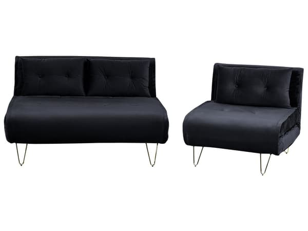 Soffgrupp Svart Sammet 2-sits 3-sits Knappar Tuftad Kuddar Rundade Armstöd Glam Vardagsrum