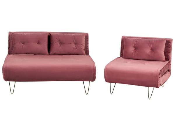 Soffgrupp Rosa Sammet 2-sits 3-sits Knappar Tuftad Kuddar Rundade Armstöd Glam Vardagsrum