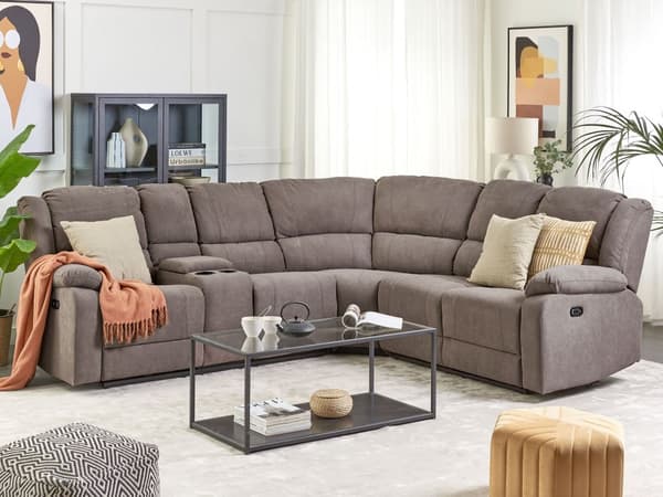 Sofa Grå Polyester 5 Personers Hjørnesofa med Elektrisk Recliner Justerbar Biografsofa med USB-port Drikkeholder Sovefunktion
