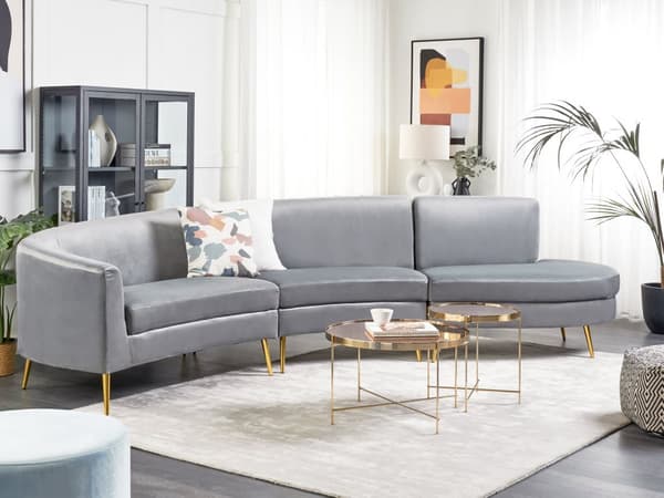 Sofa Lysegrå Velour 4-personers Bagsæde Metal Gyldne Ben Retro Glamourøs Stil