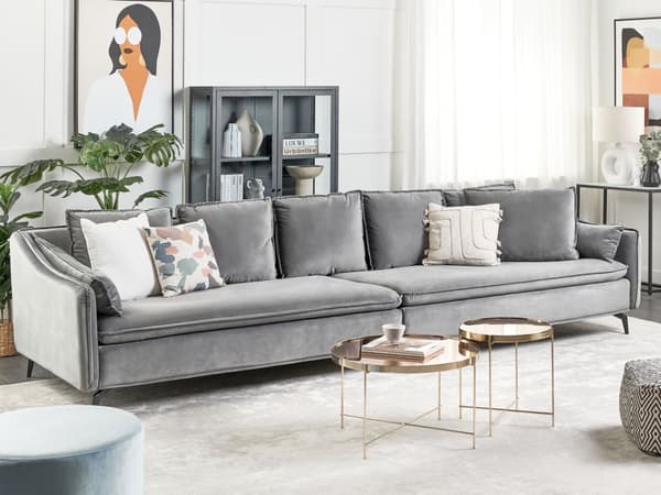 Sohva vaaleanharmaa 342 x 77 x 106 cm sametti puu rauta neljälle moderni koristetyynyt