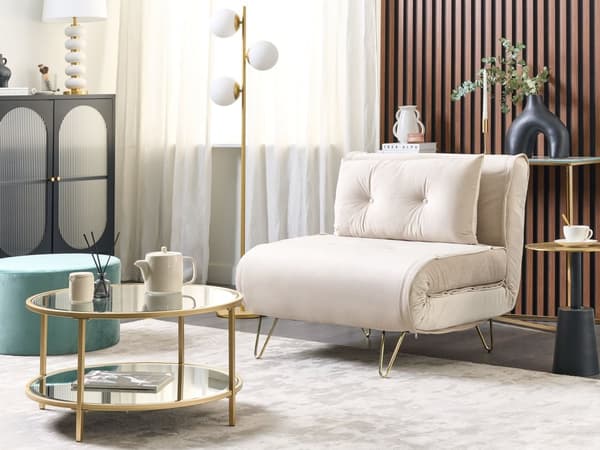 Vuodesohva vaalea beige 85 x 80 x 81 cm sametti rauta yhdelle säädettävä nappikoristelu