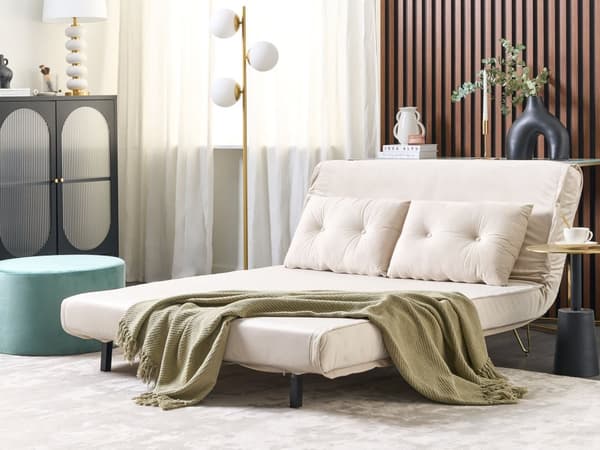 Vuodesohva vaalea beige 130 x 80 x 81 cm sametti rauta kahdelle säädettävä nappikoristelu