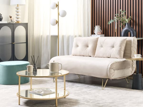 Vuodesohva vaalea beige 130 x 80 x 81 cm sametti rauta kahdelle säädettävä nappikoristelu
