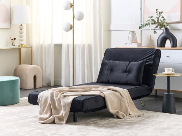Sofasæt Sort Velour 1- og 2-personers Sovesofa med Puder Metal Hårnåleben Glamourøs Stil