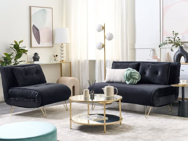 Sovesofa Sort Velour 2-personers Udfoldelig Sovesofa Armløs med 2 Hynder Metal Guld ben Glamourøs Stil