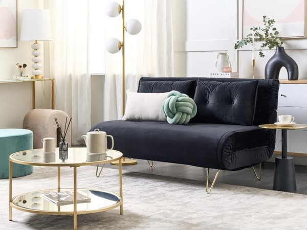 Sovesofa Sort Velour 2-personers Udfoldelig Sovesofa Armløs med 2 Hynder Metal Guld ben Glamourøs Stil