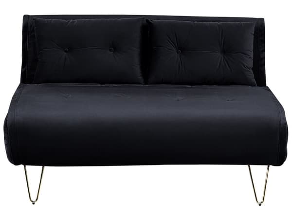 Sovesofa Sort Velour 2-personers Udfoldelig Sovesofa Armløs med 2 Hynder Metal Guld ben Glamourøs Stil