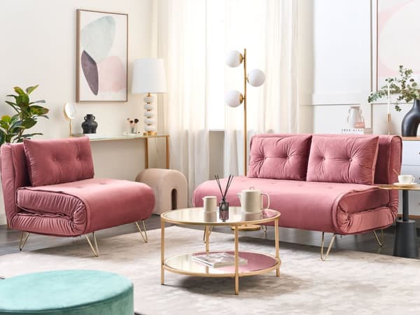 Lille Sofa Lyserød Sort Velour 1-personers Udtrækbar Sovesofa Armløs med Pude Metal Guld Ben Glamourøs Stil