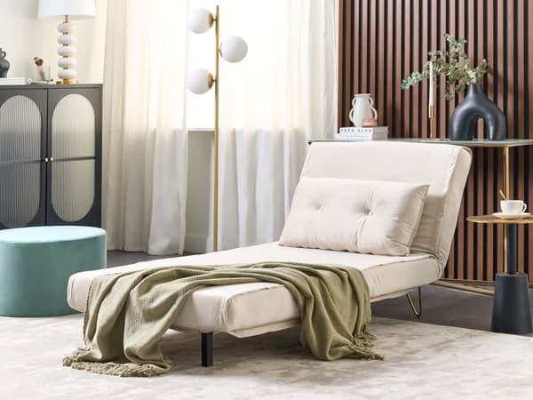 Sittegruppe Beige Fløyel Enkeltseng og 2-seters Sovesofa med Puter Metall Hårnålsben Glamour