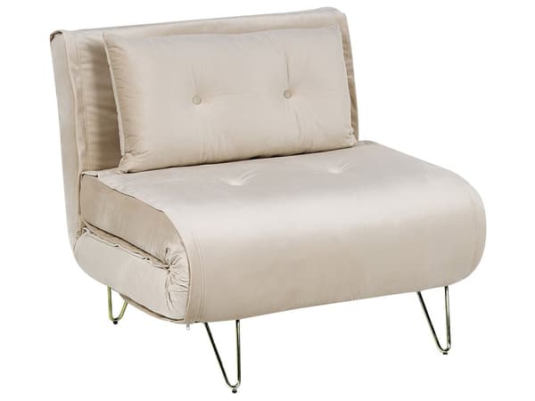 Sittegruppe Beige Fløyel Enkeltseng og 2-seters Sovesofa med Puter Metall Hårnålsben Glamour