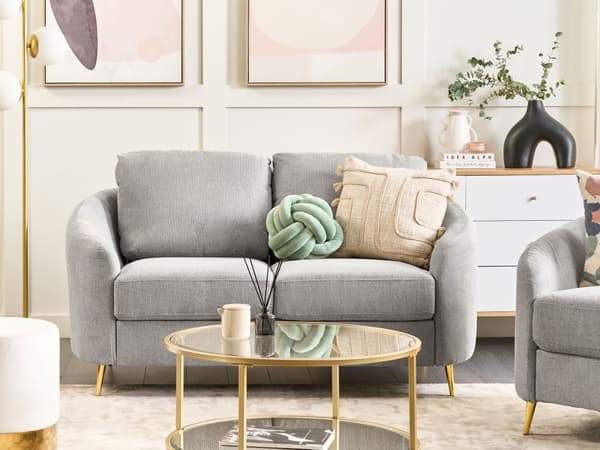 Sofa Grå Stof Polstring Guld Ben 2 pers sofa Retro