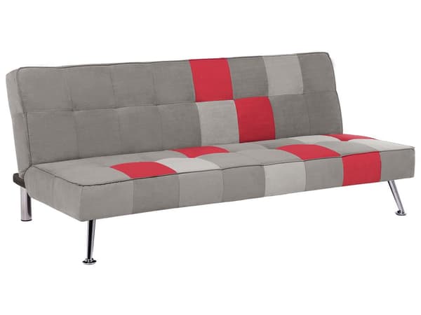 Grå og rød 3-seters sovesofa i fløyel med lappeteppe Click Clack