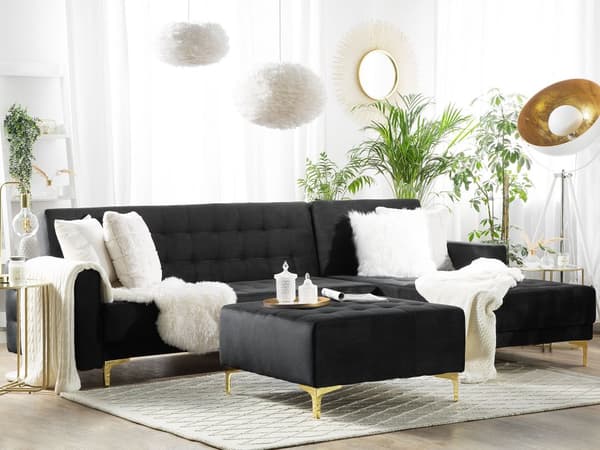 Kulmavuodesohva musta 267 x 168 x 83 cm samettiverhoilu metalli vaneri neljälle vasen moderni