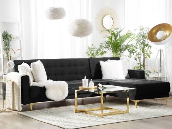 Hjørnesofa Sort Velour Tuftet Stof Moderne L-formet Modulær 4-personers Venstrevendt Chaiselong