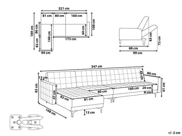 Kulmavuodesohva musta 347 x 168 x 83 cm samettiverhoilu metalli vaneri viidelle oikea moderni