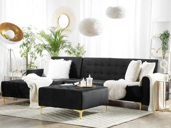 Hjørnesofa Svart Fløyel 4-seter L-form Høyrevendt Justerbar rygg Sovefunksjon Metallben Modulær Moderne design
